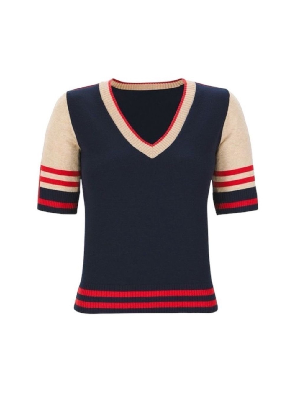 CAbi Navy V-Neck Sweater with Cream and Red Stripes